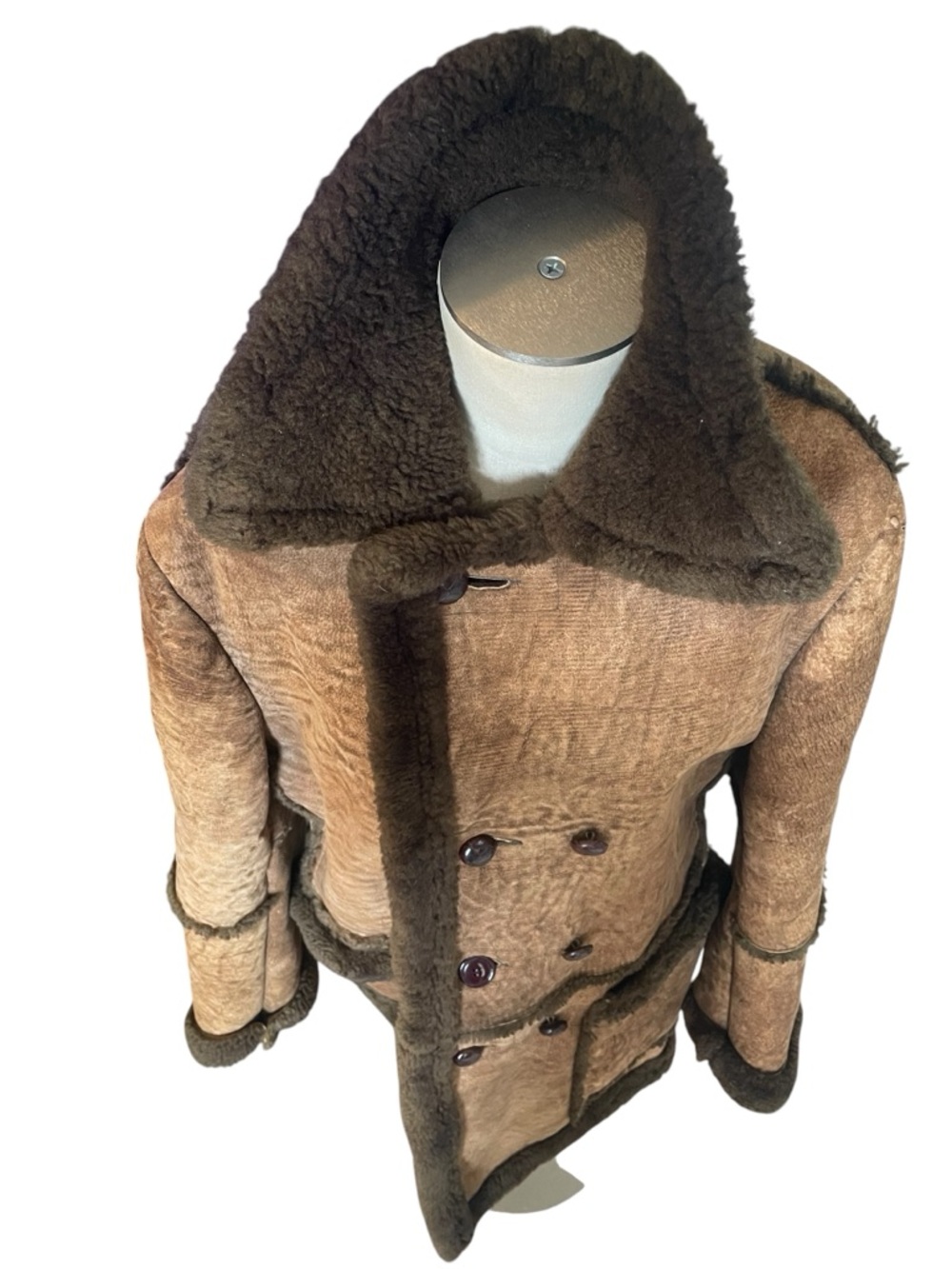 Vintage Leather Shearling Coat with Dark Brown Trim - Picture 4 of 12
